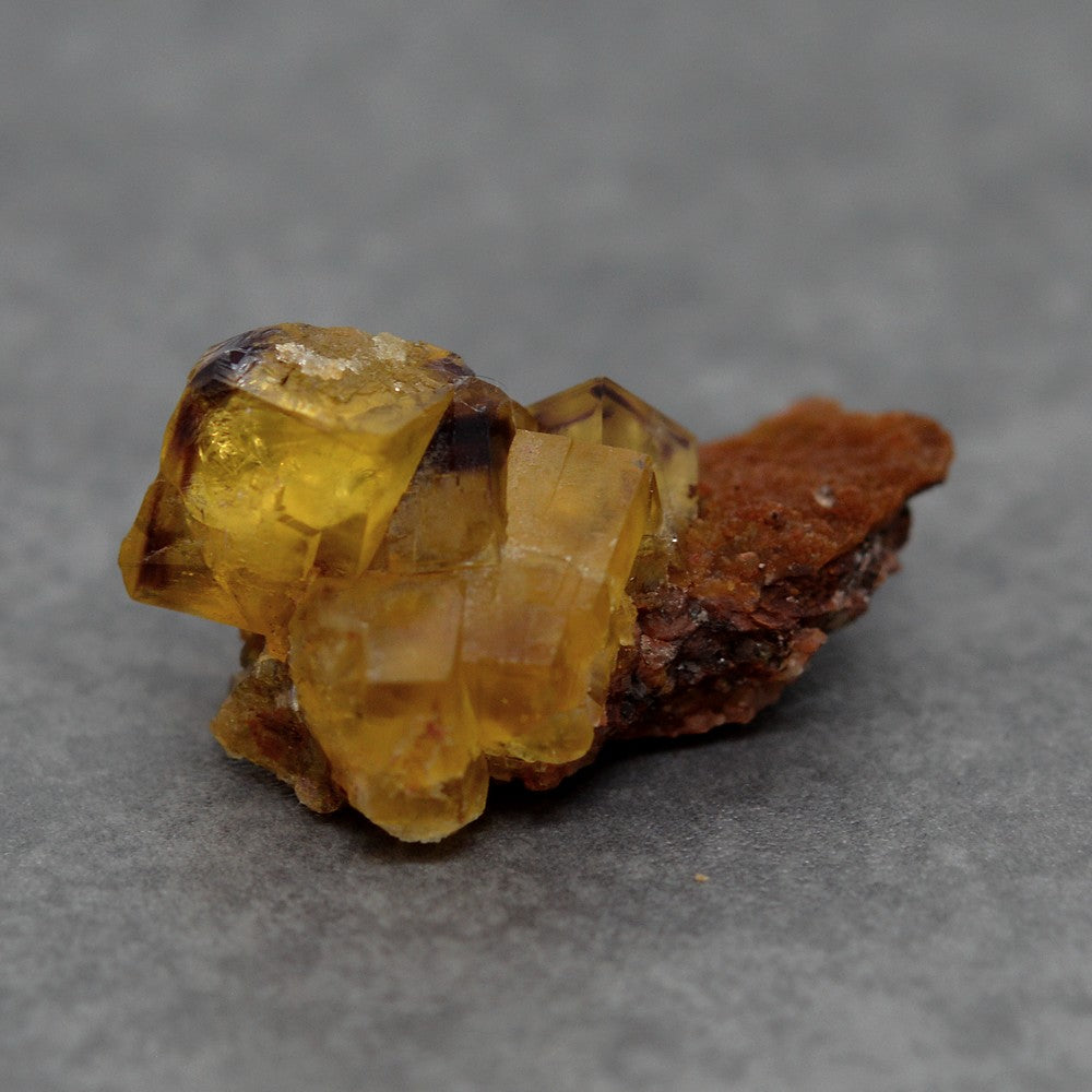 Amas de fluorite jaune zonée couleur prune sur gangue rouge terre 22g